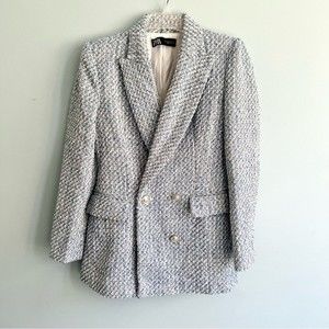 Zara Tweed Button Front Blazer Coat in Blue and White